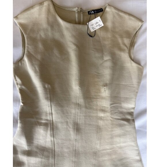 Zara Sheath Dress S Beige Sleeveless Tailored Cotton Blend Minimalist NWOT - Picture 8 of 13
